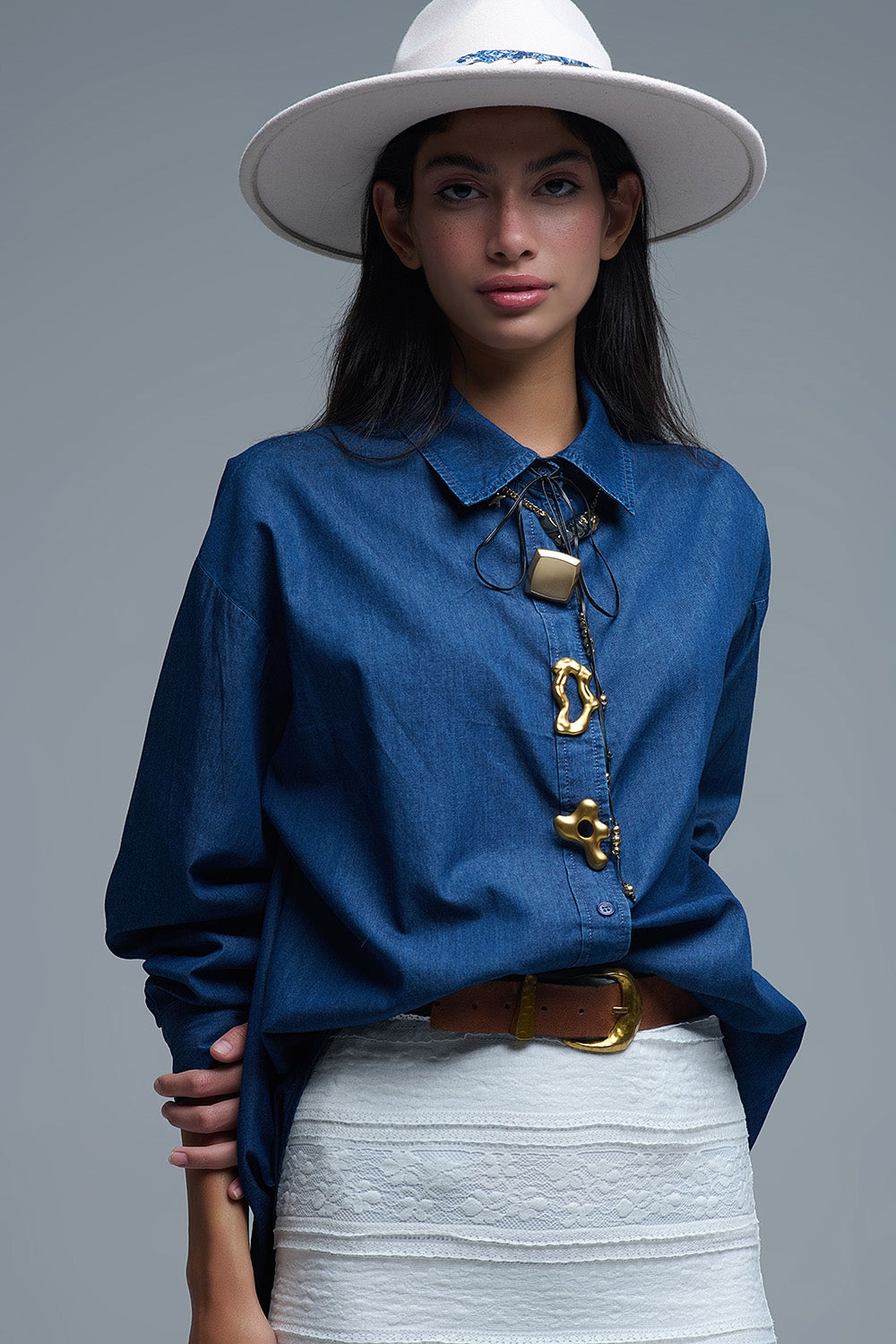 Relaxed Denim Shirt With Gold Abstract Buttons