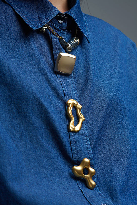 Relaxed Denim Shirt With Gold Abstract Buttons