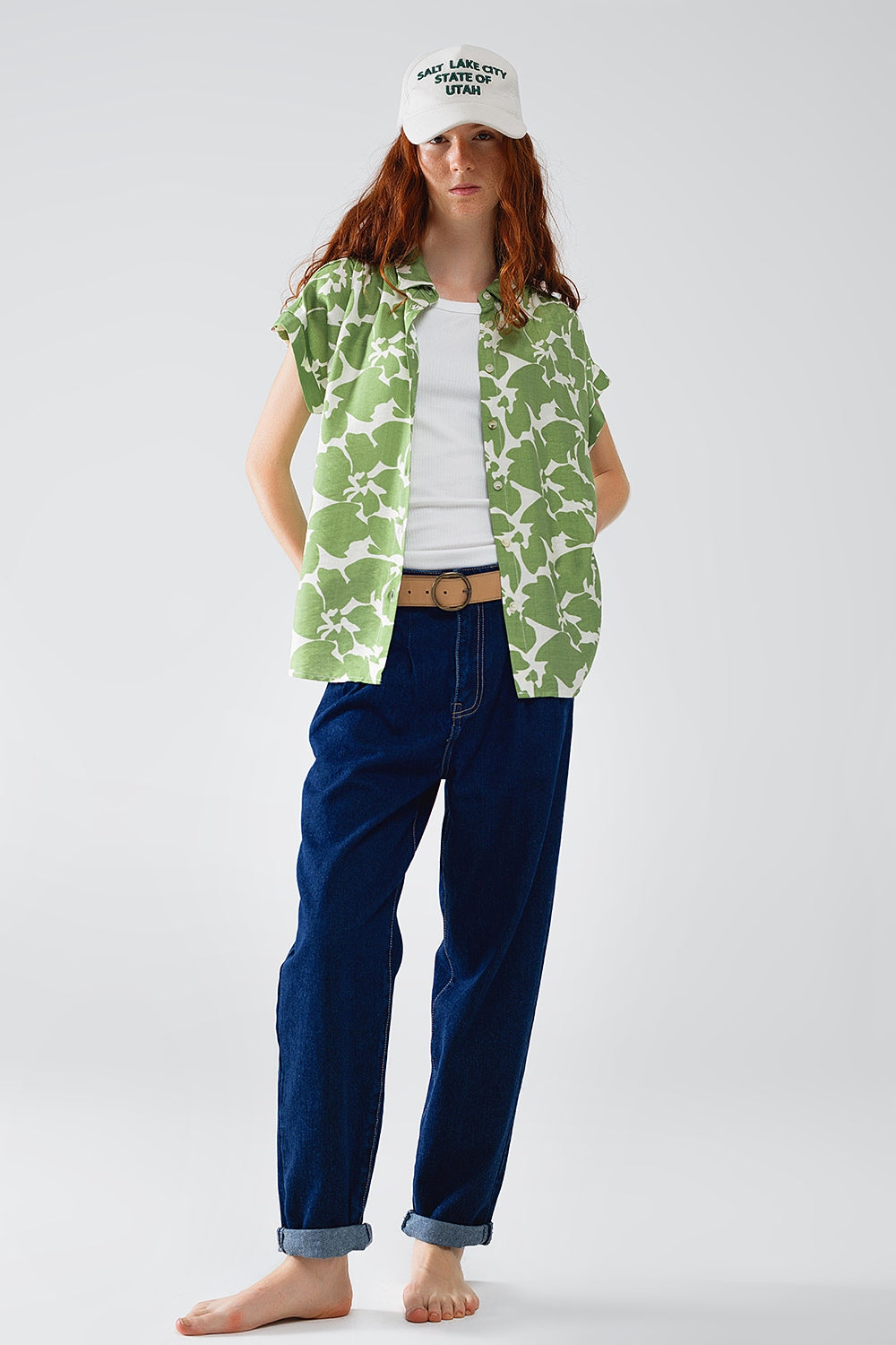 Q2 Relaxed Floral Print Shirt In Green