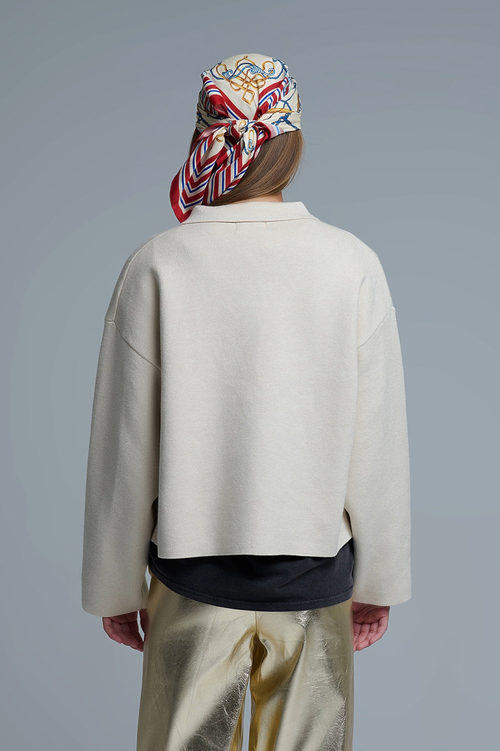 Relaxed Formal Knitted Cardigan With Chest Pockets in Beige