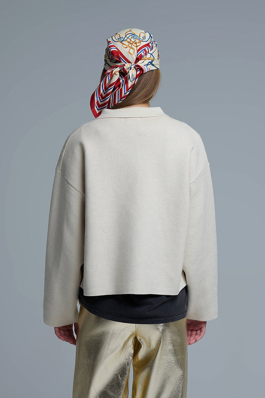 Relaxed Formal Knitted Cardigan With Chest Pockets in Beige