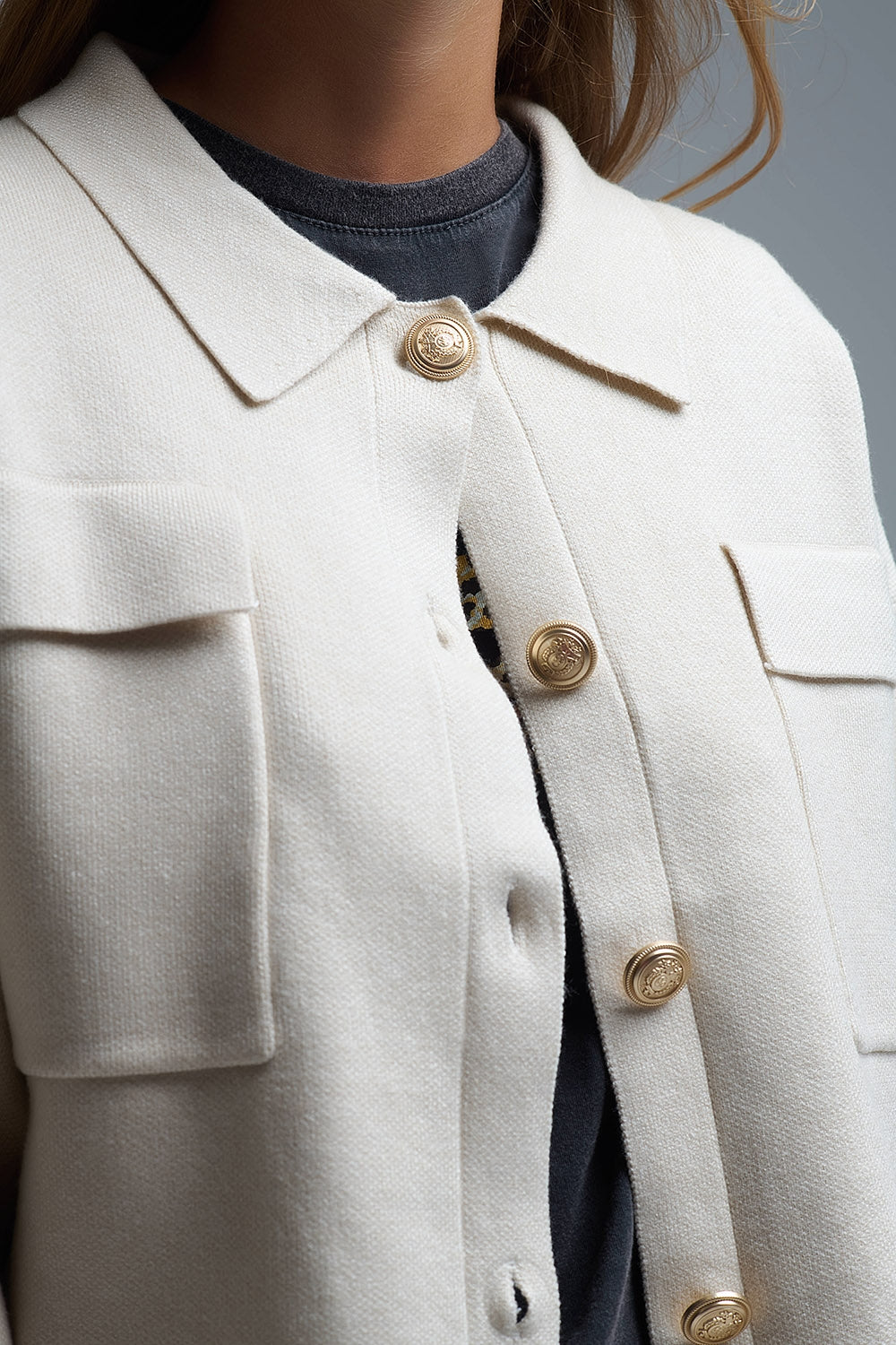 Relaxed Formal Knitted Cardigan With Chest Pockets in Beige