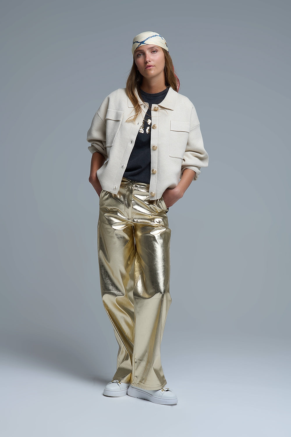 Relaxed Formal Knitted Cardigan With Chest Pockets in Beige