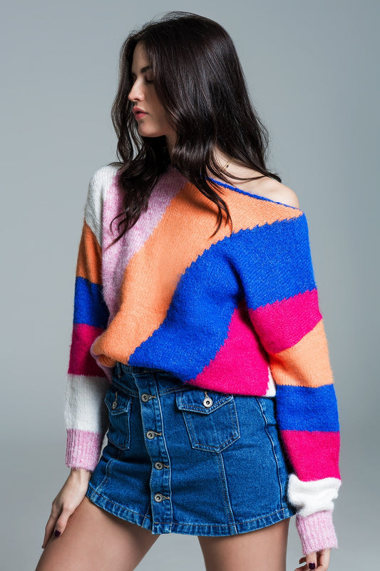 Q2 Relaxed Multicolor Stripey Sweater With Boat Neck and Long Sleeves