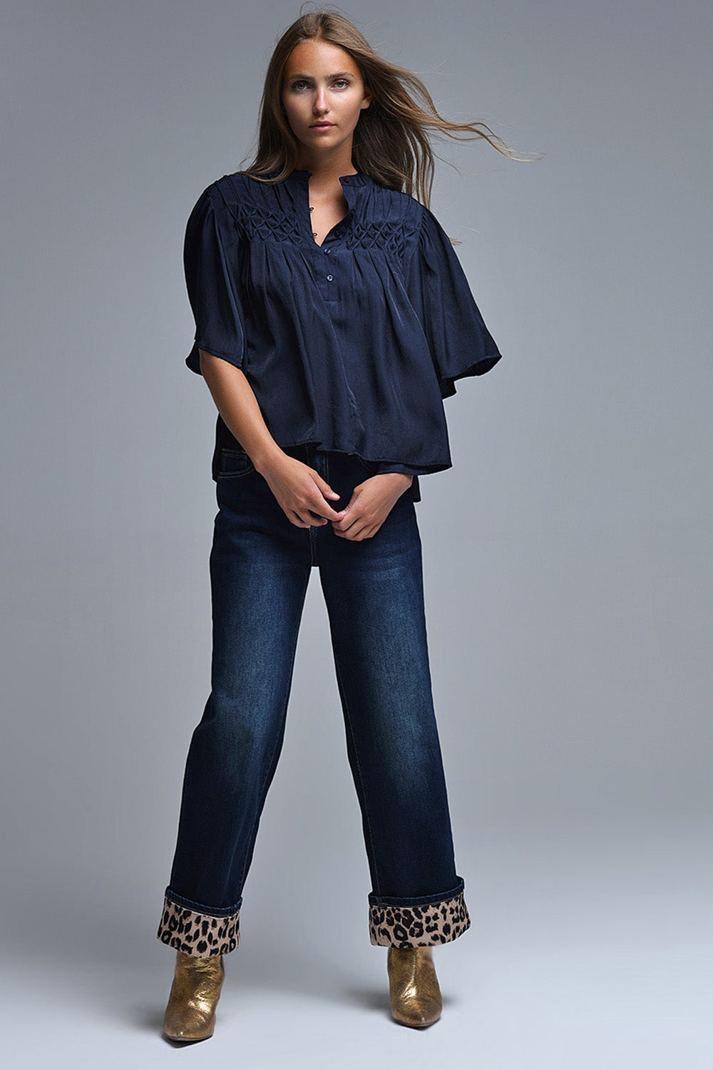 Relaxed Navy boho-style blouse with embroidered details
