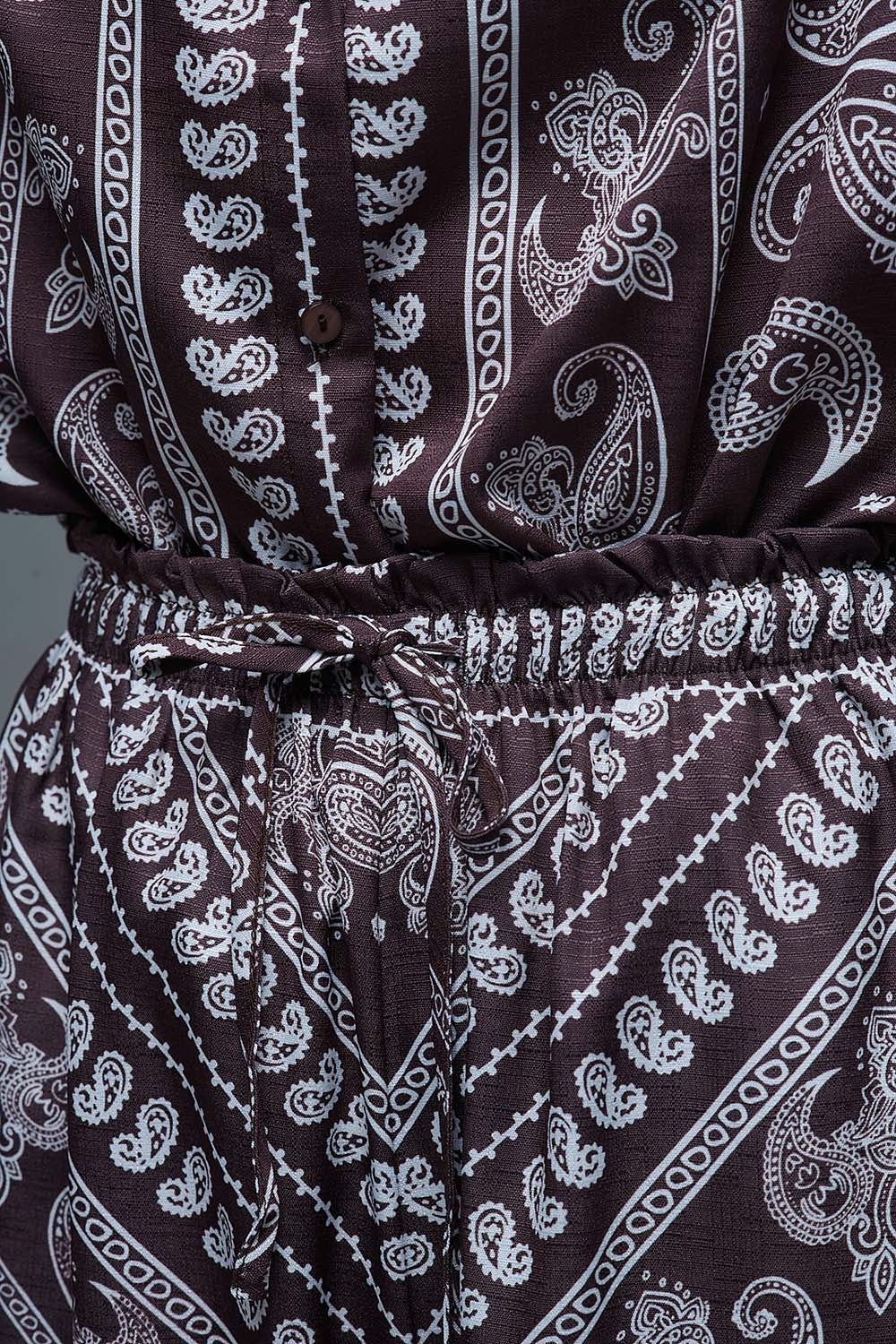 Relaxed Paisley Print Pants With Adjustable Drawstring in Brown