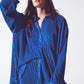 Q2 Relaxed Pleated Satin Shirt in Blue