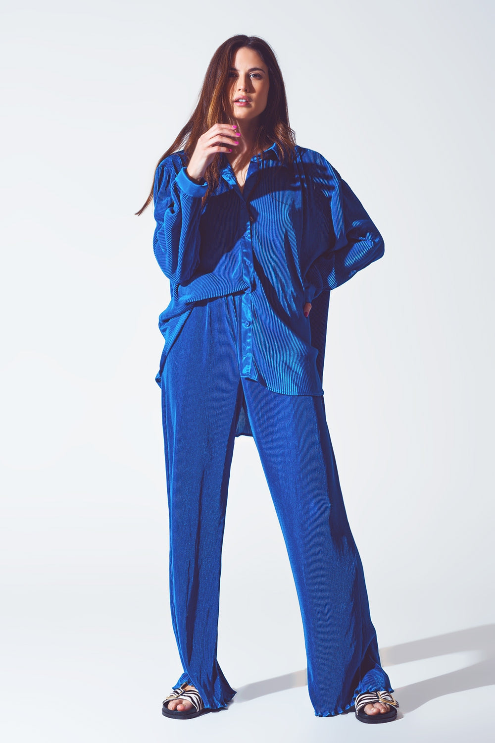 Relaxed Pleated Satin Shirt in Blue