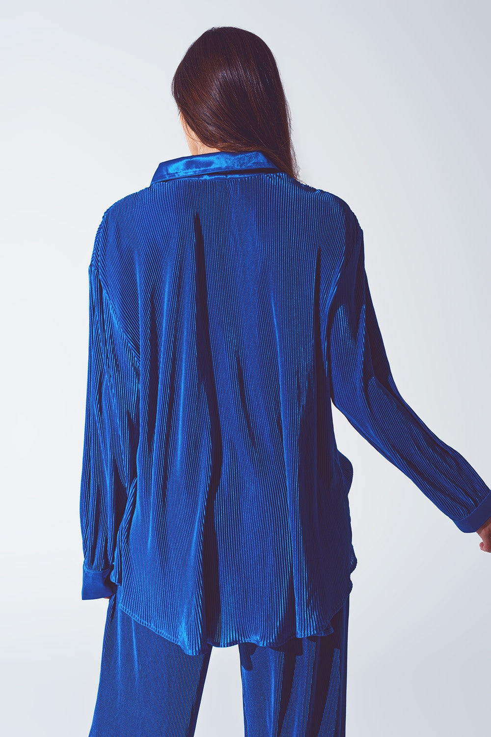 Relaxed Pleated Satin Shirt in Blue