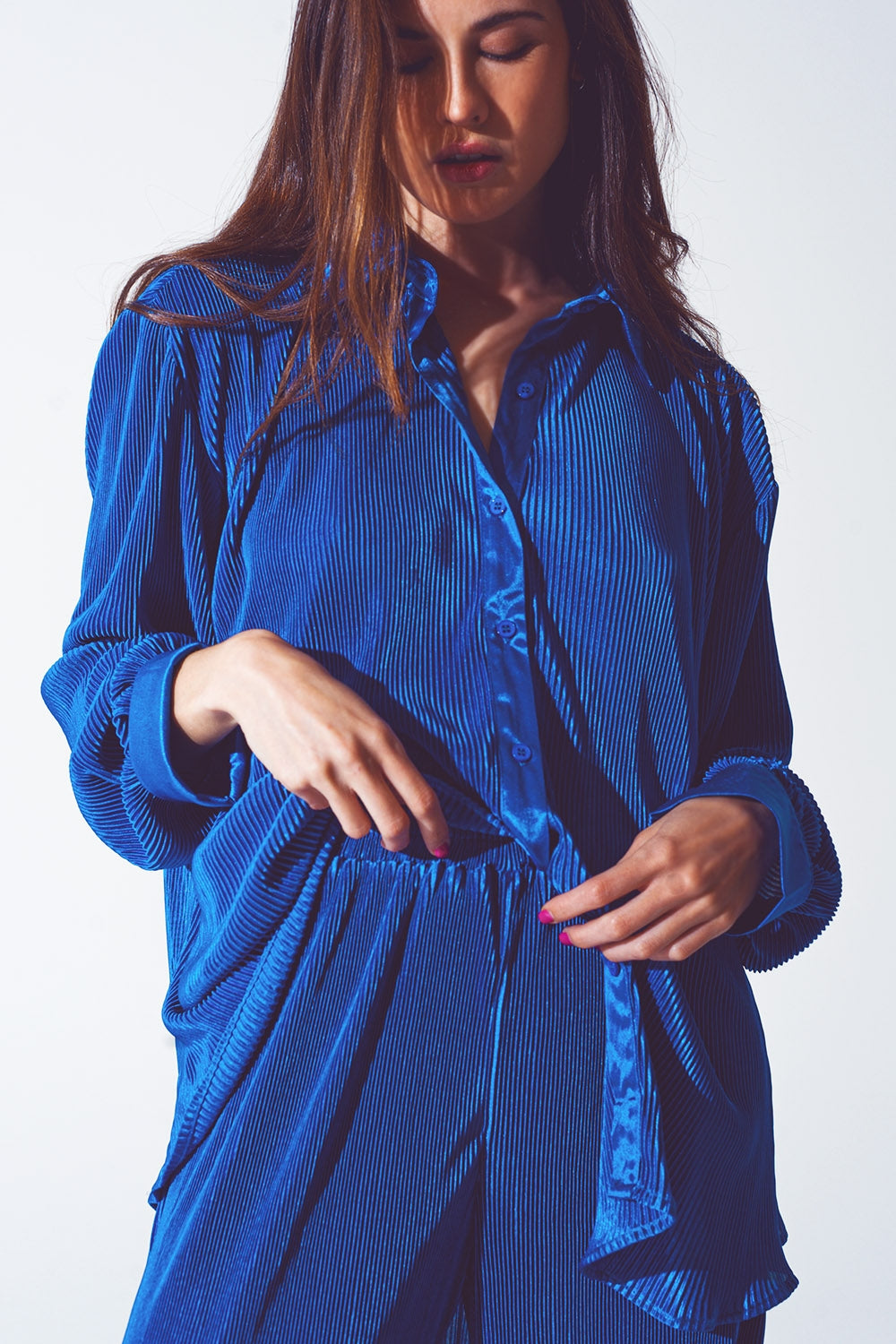 Relaxed Pleated Satin Shirt in Blue