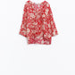 Relaxed red Floral Print Blouse With Bell Sleeves