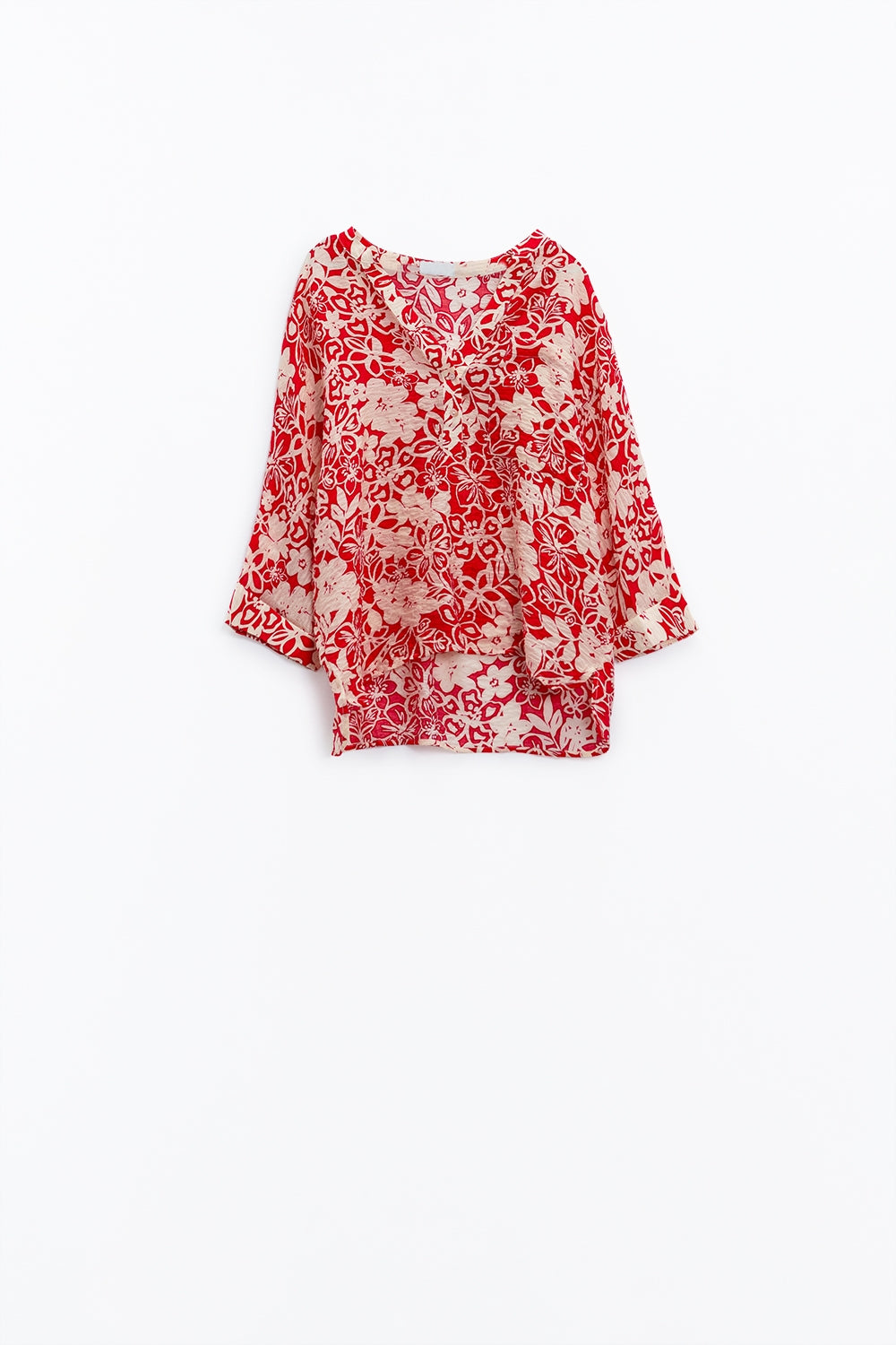 Blusa holgada con estampado floral rojo y mangas acampanadas