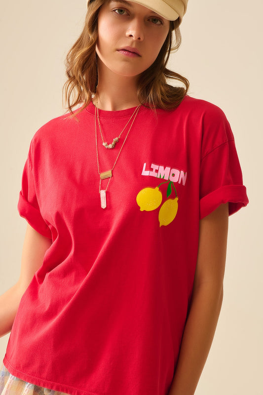 relaxed red t-shirt with lemon print made in Italy