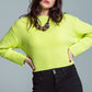 Q2 Relaxed Ribbed Boat Neck Sweater in Lime Green