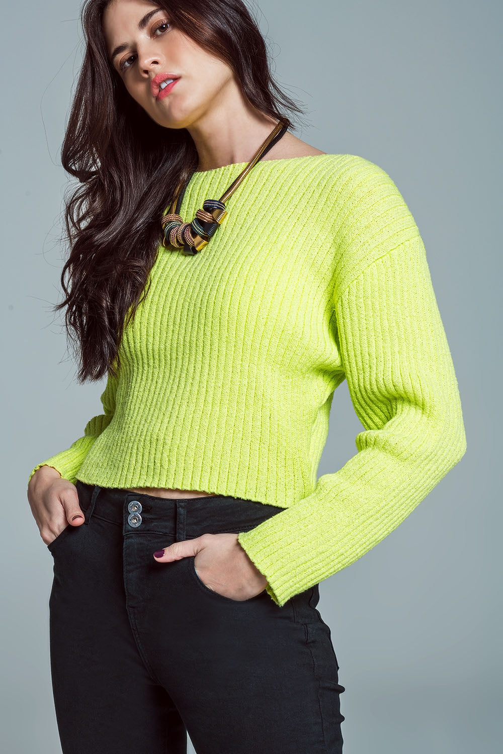 Relaxed Ribbed Boat Neck Sweater in Lime Green