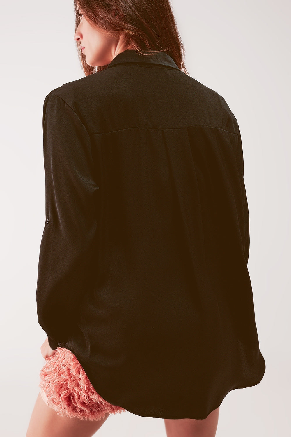 Relaxed satin long sleeve shirt in black