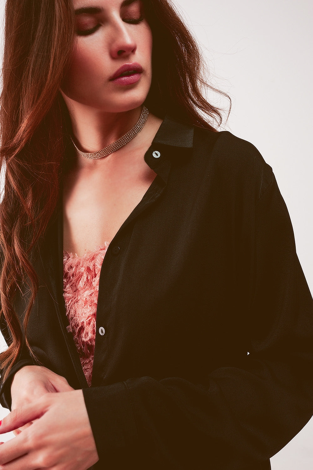 Relaxed satin long sleeve shirt in black