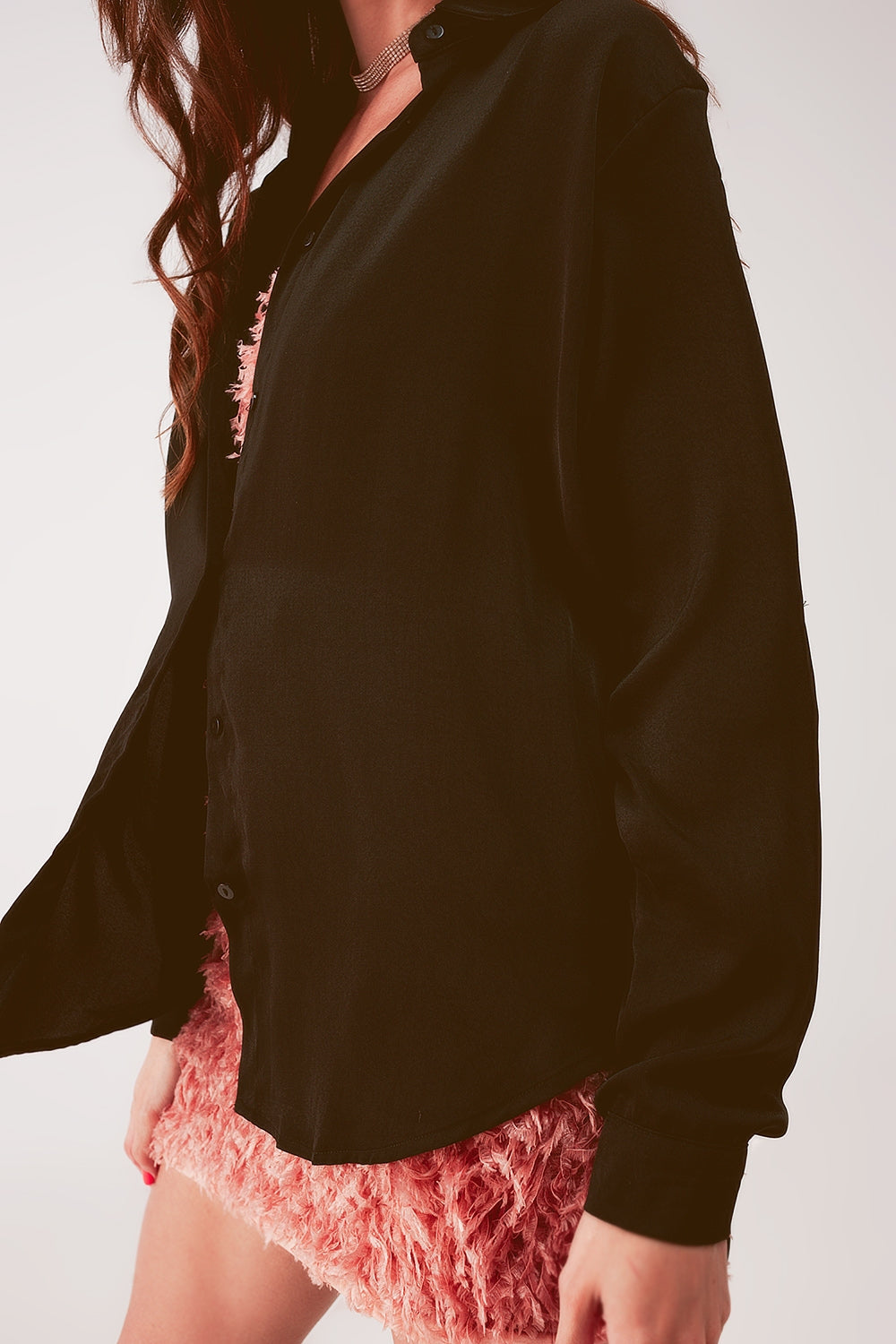 Relaxed satin long sleeve shirt in black