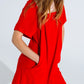 Relaxed Short Dress with Square Neckline and Short Sleeves in Red