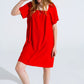 Relaxed Short Dress with Square Neckline and Short Sleeves in Red