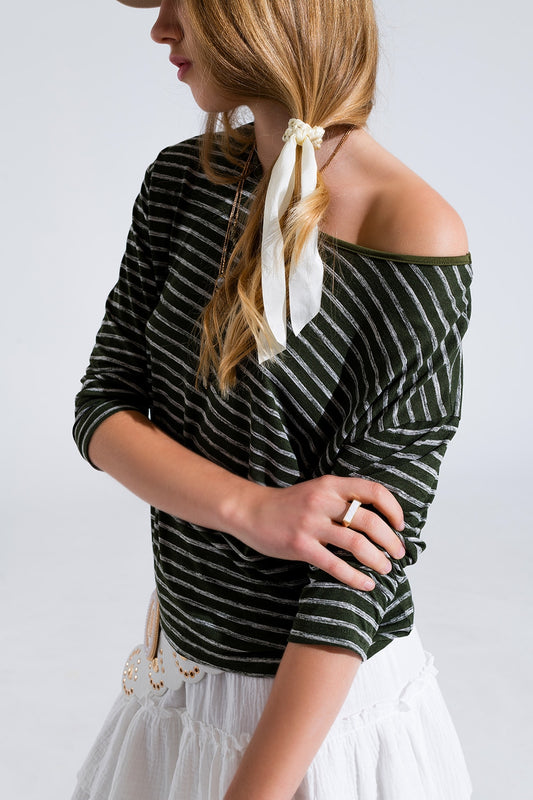 Relaxed striped T-shirt in khaki with open back detail