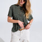 Q2 Relaxed Striped T-shirt With Crew Neckline In Khaki