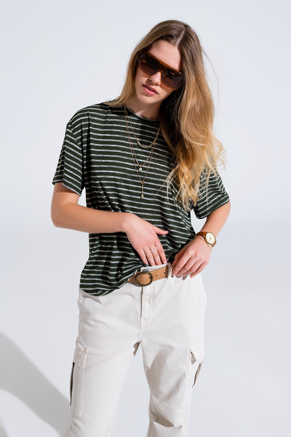 Q2 Relaxed Striped T-shirt With Crew Neckline In Khaki