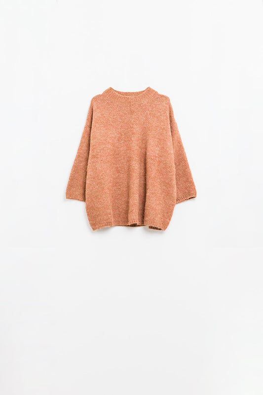 Relaxed sweater with french sleeve and crewneck in camel