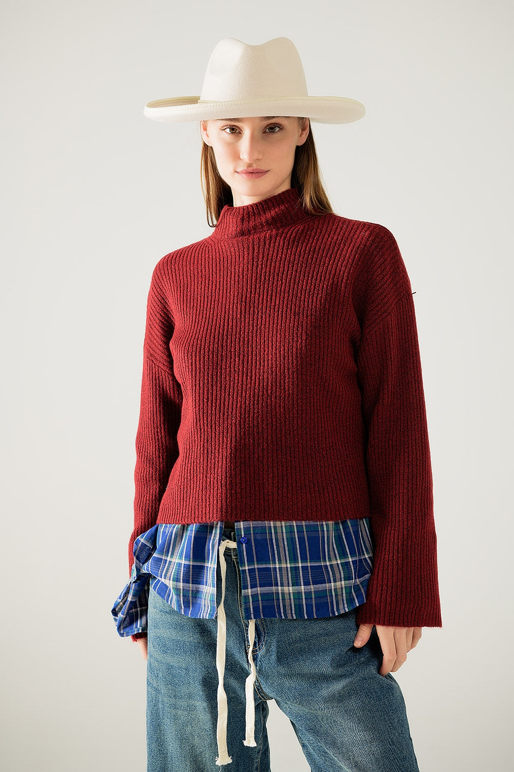 relaxed wine ribbed high neck sweater