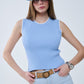 Q2 Ribbed Cap Sleve top in Blue with White Trim