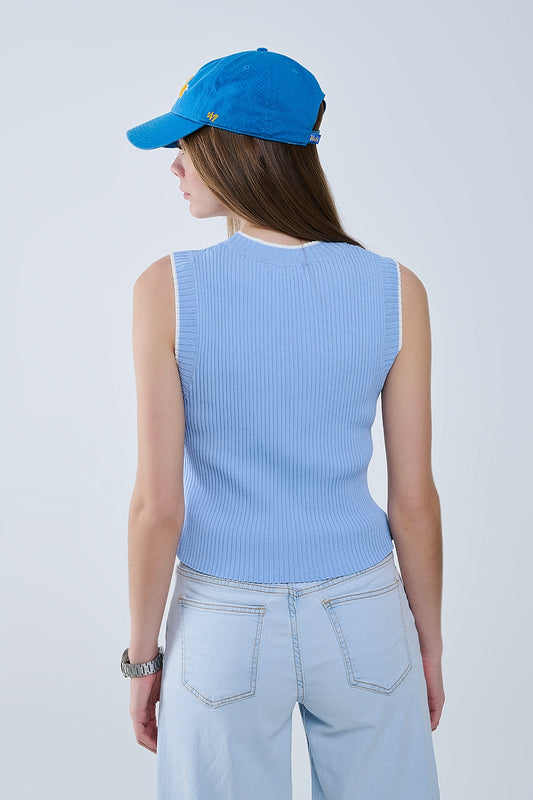 Ribbed Cap Sleve top in Blue with White Trim