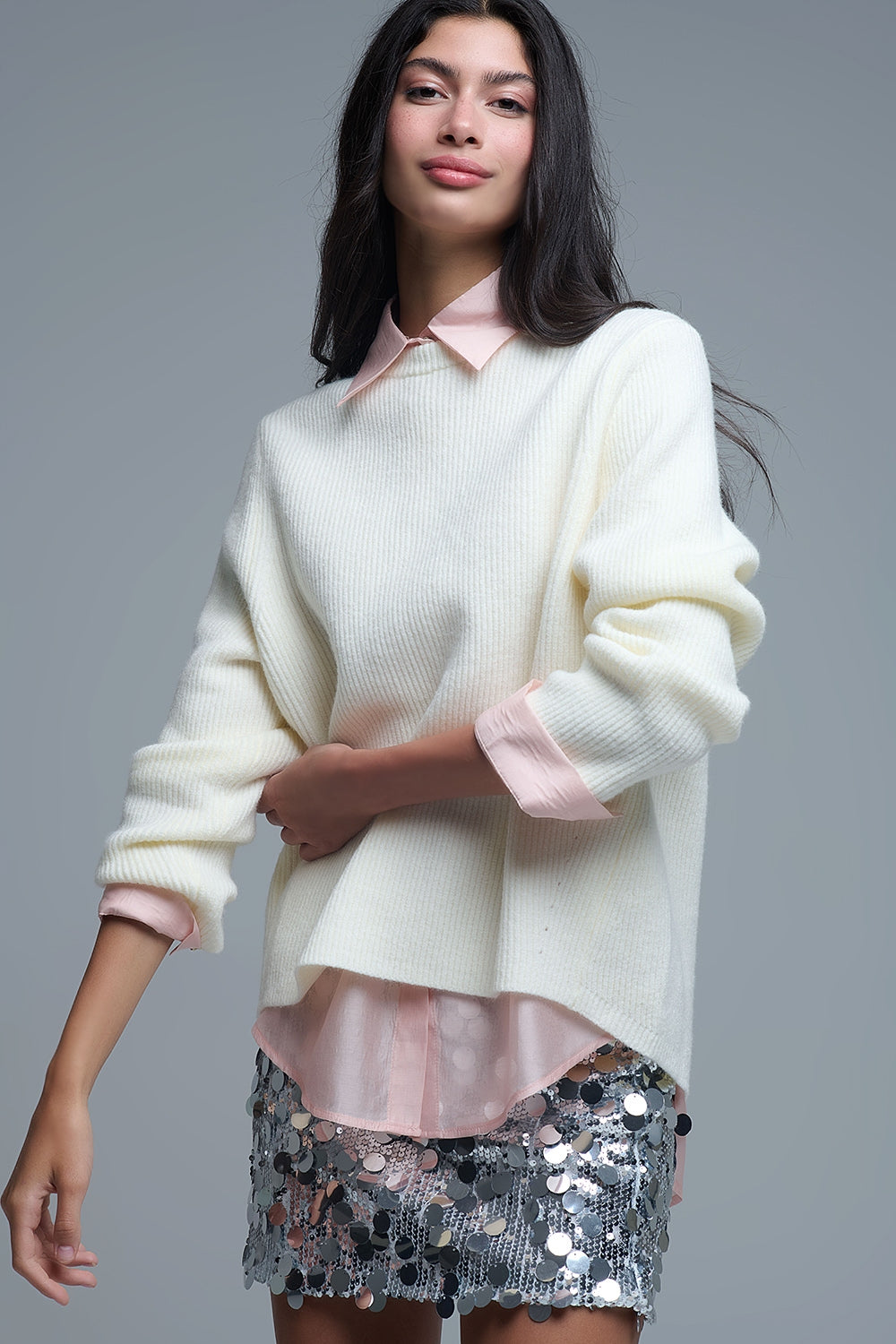 Q2 Ribbed Comfy Knit Sweater in Cream