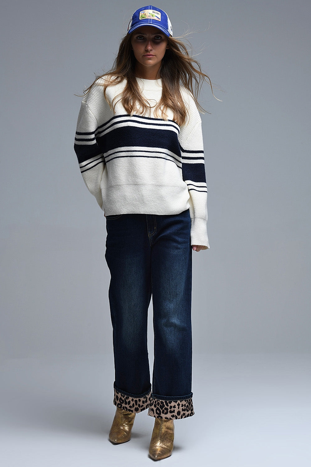 Ribbed Cream Sweater With Navy Chest Stripes
