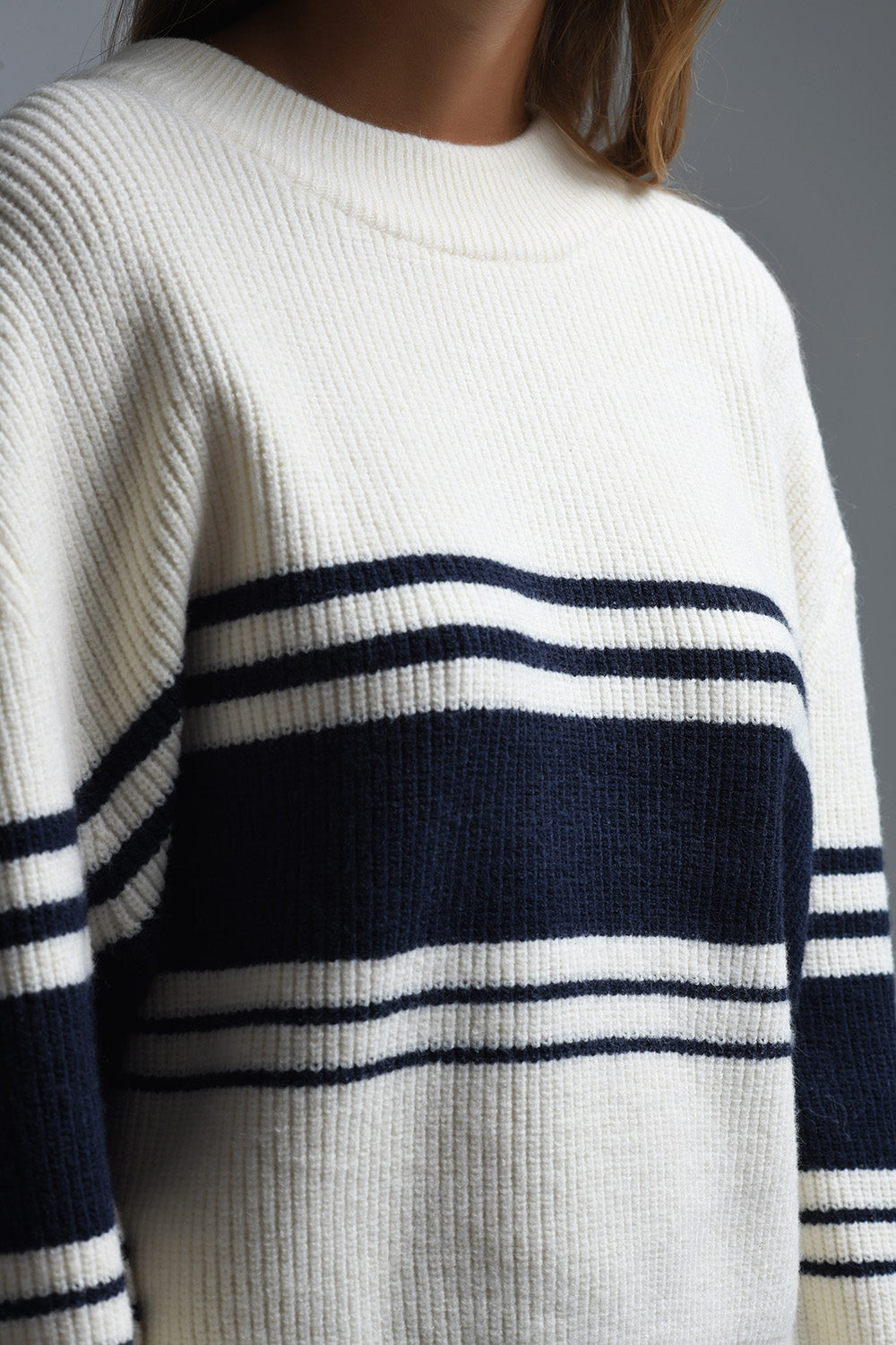 Ribbed Cream Sweater With Navy Chest Stripes