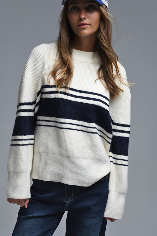 Ribbed Cream Sweater With Navy Chest Stripes