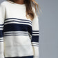 Q2 Ribbed Cream Sweater With Navy Chest Stripes