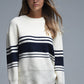 Ribbed Cream Sweater With Navy Chest Stripes