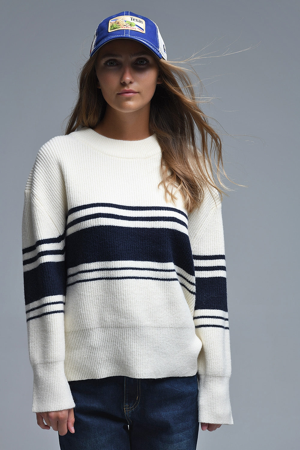 Ribbed Cream Sweater With Navy Chest Stripes