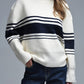 Ribbed Cream Sweater With Navy Chest Stripes