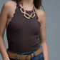 Ribbed Halter Top With Scalloped Finish in brown