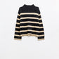 Ribbed knit jersey in black with camel stripes