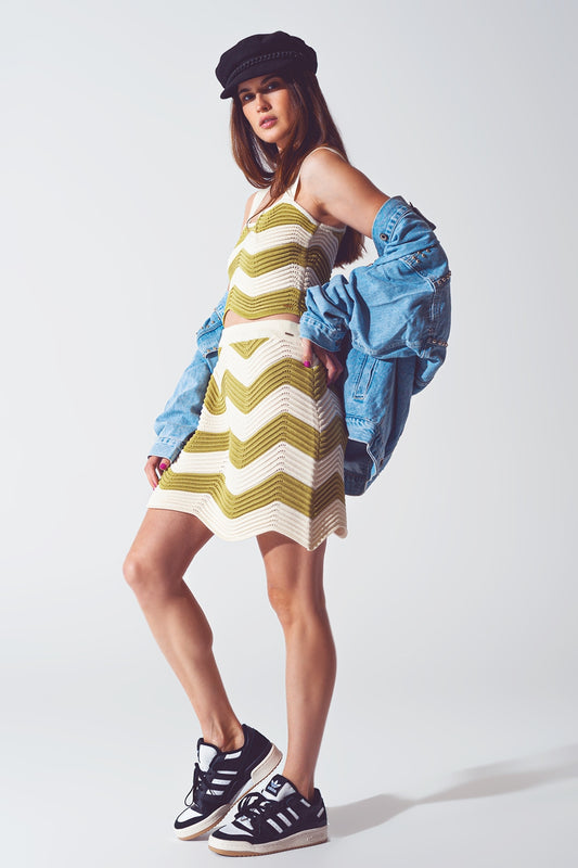 Ribbed Knitted Mini Skirt in White and Green