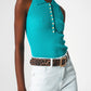 Q2 Ribbed knitted top with polo neck in turquoise