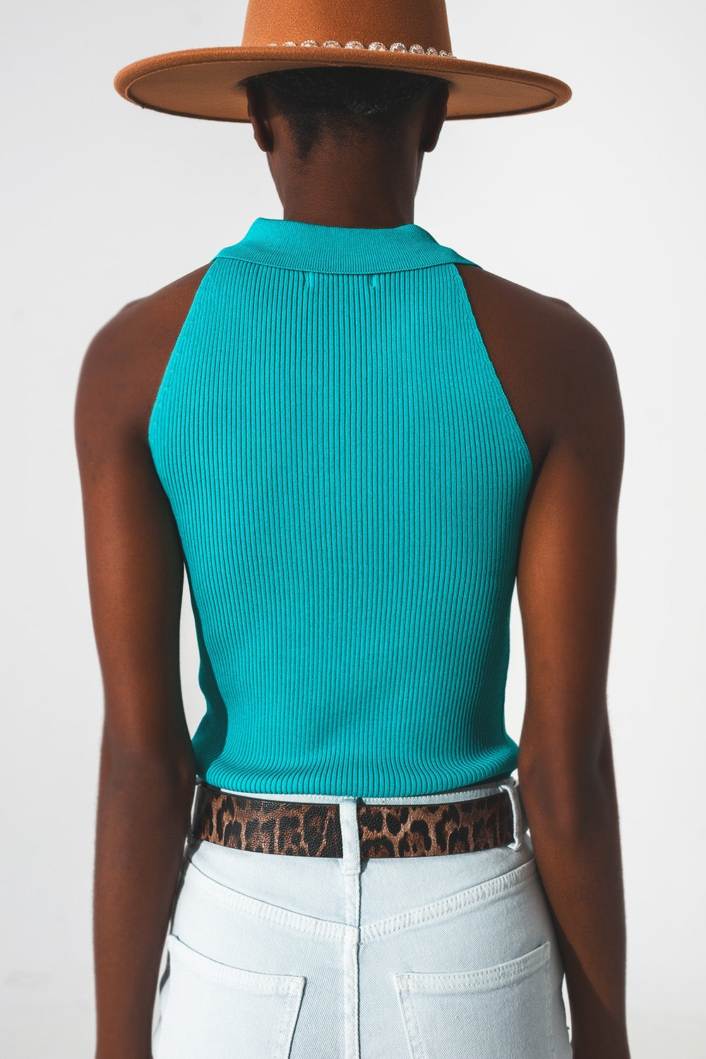 Ribbed knitted top with polo neck in turquoise