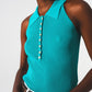 Ribbed knitted top with polo neck in turquoise