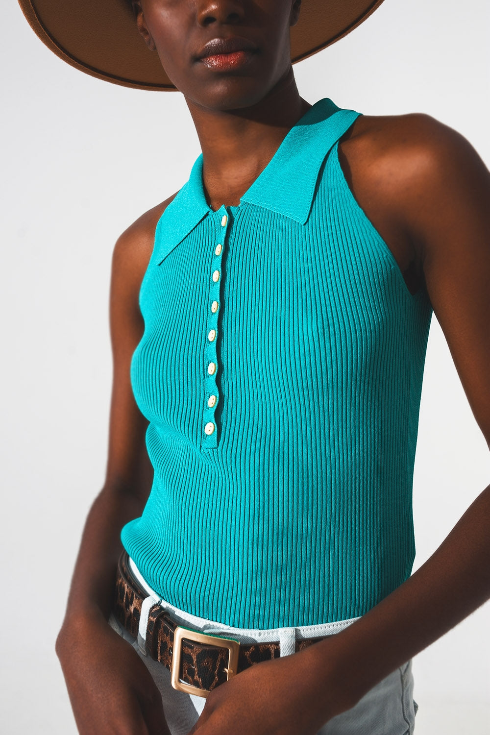 Ribbed knitted top with polo neck in turquoise