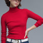 Q2 Rolled Turtle Neck Ribbed Sweater in Ruby Red