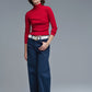 Rolled Turtle Neck Ribbed Sweater in Ruby Red