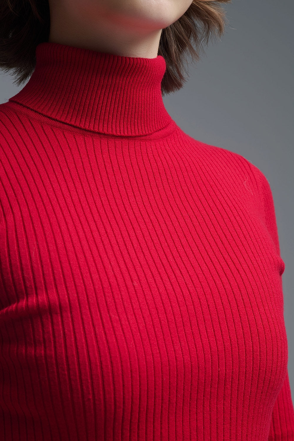 Rolled Turtle Neck Ribbed Sweater in Ruby Red