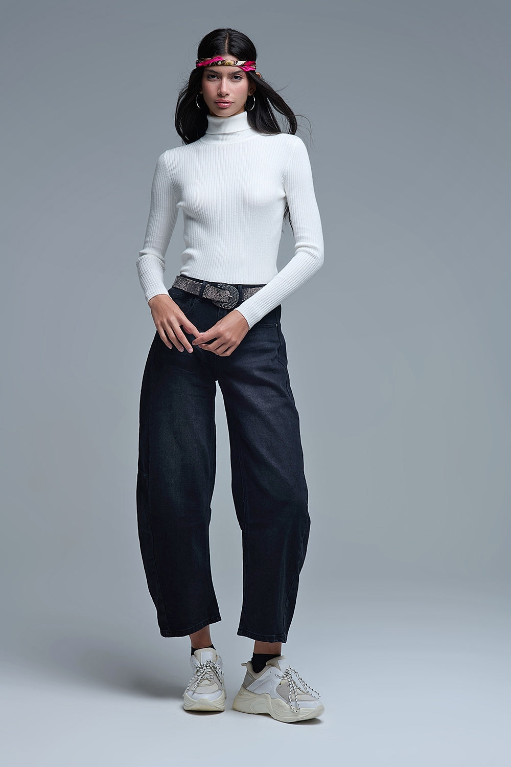 Rolled Turtle Neck Ribbed Sweater in White